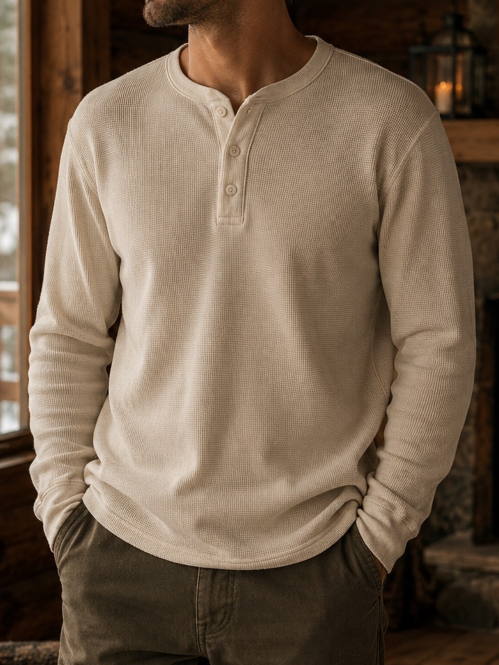 The North Face Men's Ivory Long-Sleeve Waffle Knit Henley Shirt Gorpcore Outdoor